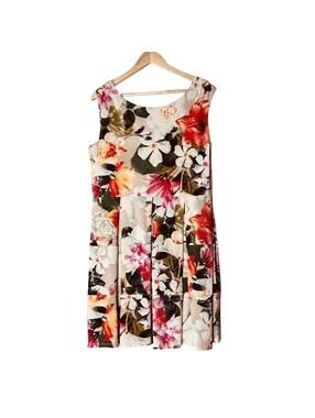 Tiana B Tan Pink Green White Floral Dress 14 Petite Sleeveless Fit Flare Zip